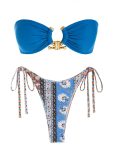 ZAFUL Tie Side Metal Hardware Ethnic Style Printed Bandeau Bikini Swimwear – Blue M
