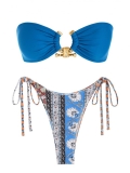 ZAFUL Tie Side Metal Hardware Ethnic Style Printed Bandeau Bikini Swimwear – Blue M
